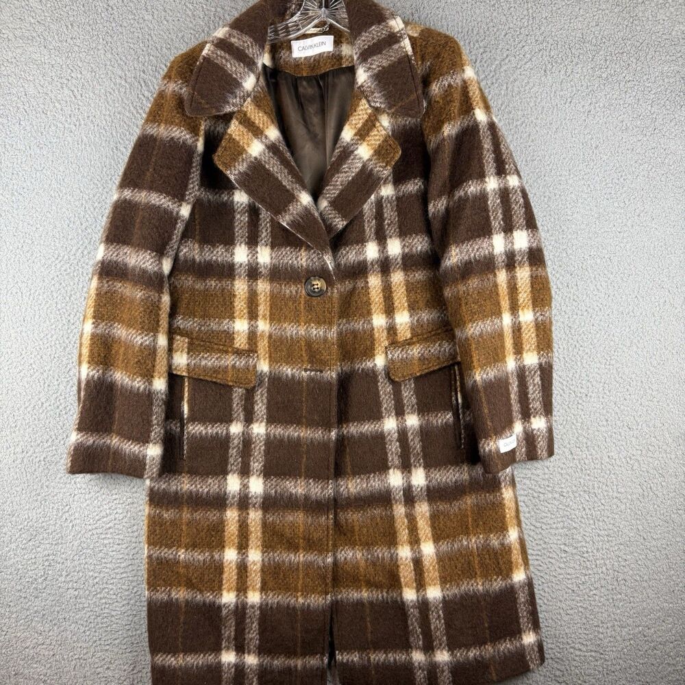 Calvin Klein Women's Size 18P Plaid Single-Breasted Walker Coat Brown Wool